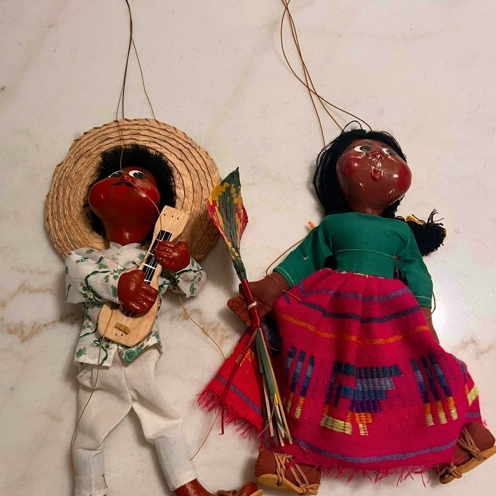 Vintage Mexican Handmade Marionette Folk Art Dolls Lot of 2 Hand Painted Puppets